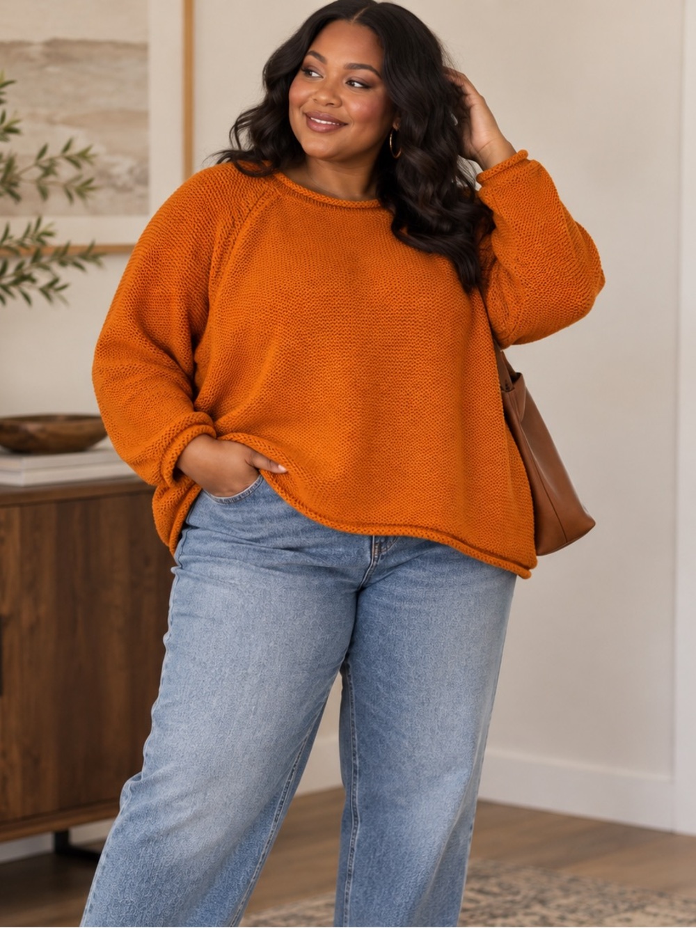 Shannon Passero Rust Orange 100% Cotton Chunky Knit Rolled Hem Sweater